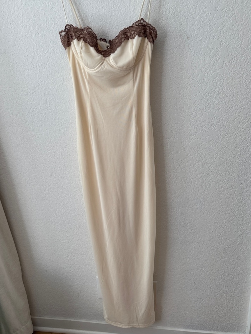 Fashion Nova Cream Slip Dress with Brown Lace Trim